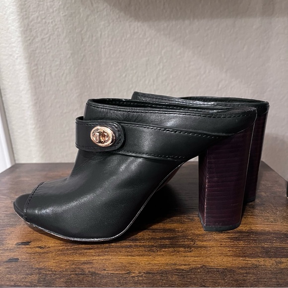 Coach size 7.5 “Orchid” Black Leather Peep Toe Clogs - Picture 12 of 13